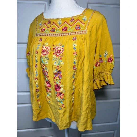 Savanna Jane Embroidered Tunic Top Yellow Mustard Short Sleeve Boho‎ M - Picture 2 of 8